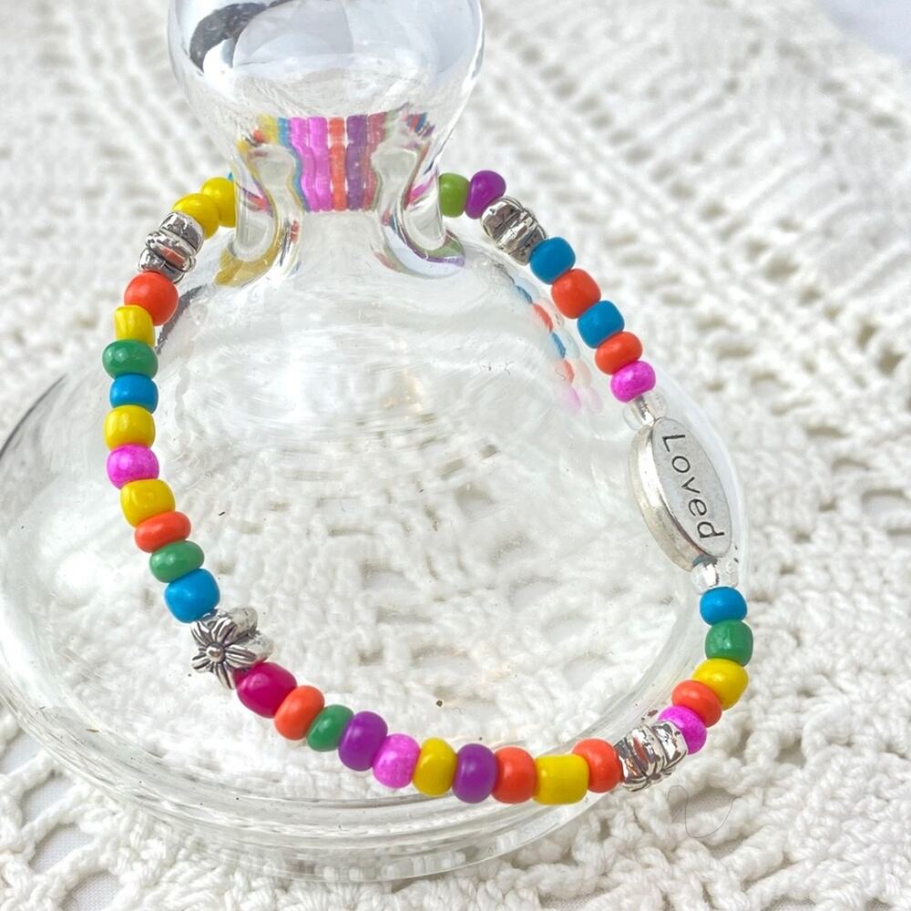 Child LOVED Charm Glass Beaded Stretch Bracelet